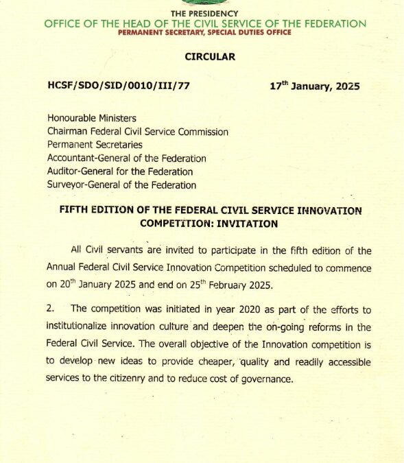 FIFTH EDITION OF THE FEDERAL CIVIL SERVICE INNOVATION COMPETITION: INVITATION | 17TH JANUARY 2025 | DEBORAH O.N. ODOH