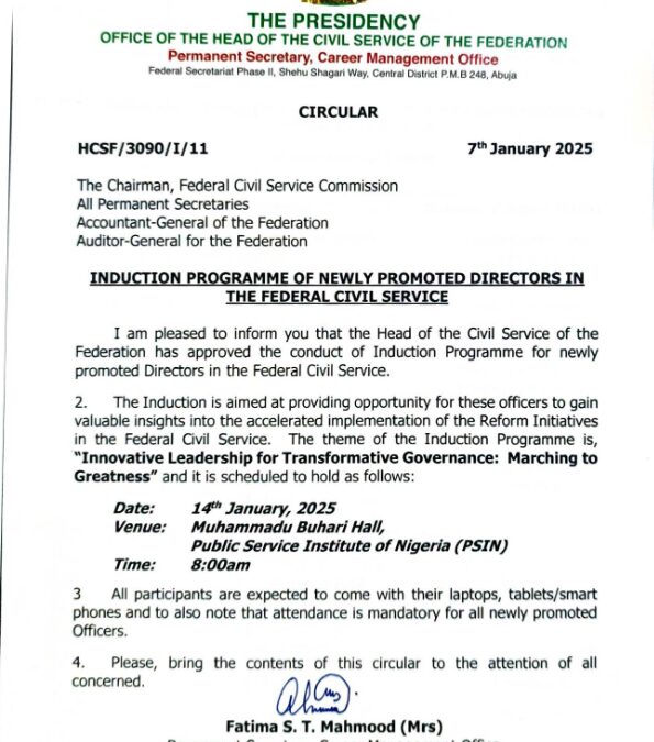 INDUCTION PROGRAMME OF NEWLY PROMOTED DIRECTORS IN THE FEDERAL CIVIL SERVICE | 7TH JANUARY 2025 | F.S.T MAHMOOD