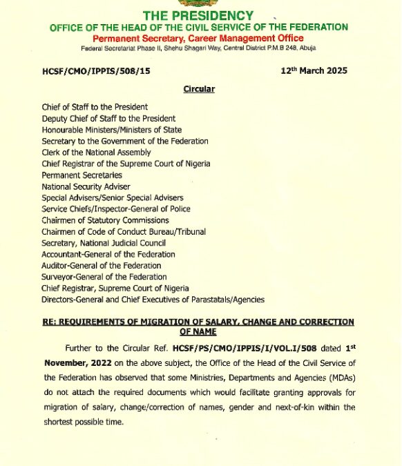 RE: REQUIREMENTS OF MIGRATION OF SALARY, CHANGE AND CORRECTION OF NAME | 12TH MARCH 2025 | F.S.T MAHMOOD