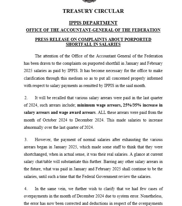 PRESS RELEASE ON COMPLAINTS ABOUT PORPORTED SHORTFALL IN SALARIES | 6TH MARCH 2025 | IPPIS MANAGEMENT