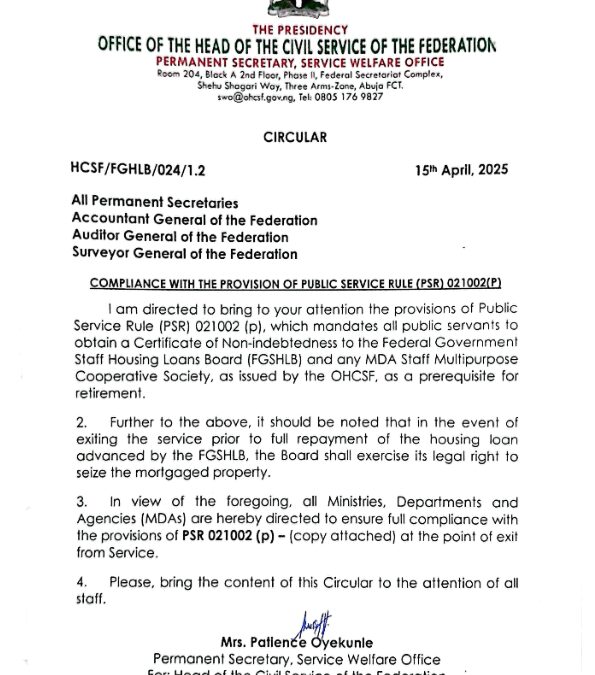 COMPLIANCE WITH THE PROVISION OF PUBLIC SERVICE RULE (PSR) 021002(P) | 15TH APRIL 2025 | PATIENCE OYEKUNLE