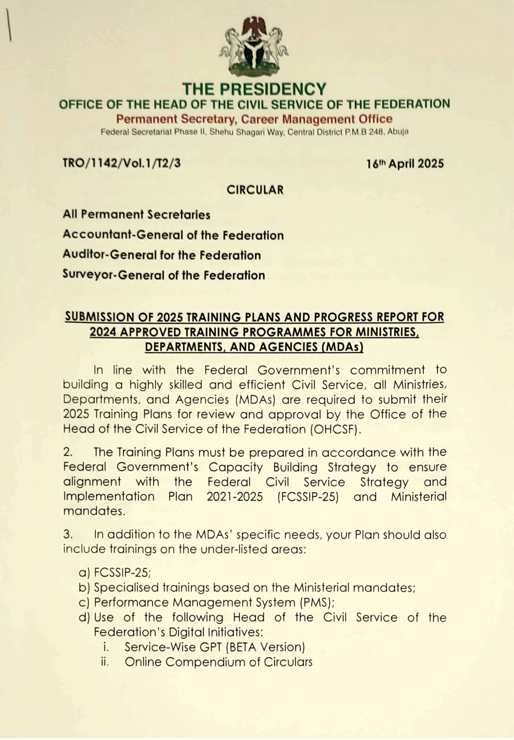 SUBMISSION OF 2025 TRAINING PLANS AND PROGRESS REPORT FOR2024 APPROVED TRAINING PROGRAMMES FOR MINISTRIES,DEPARTMENTS,AND AGENCIES (MDAs) | 16TH APRIL 2025 | FATIMA S.T MAHMOOD