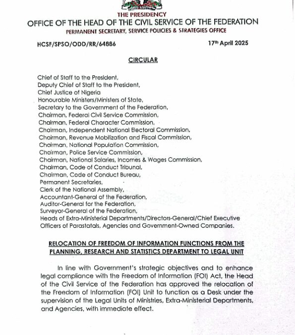 RELOCATION OF FREEDOM OF INFORMATION FUNCTIONS FROM THE PLANNING, RESEARCH AMD STATISTICS DEPARTMENT TO LEGAL UNIT | 17TH APRIL 2025 | DEBORAH O.N ODOH