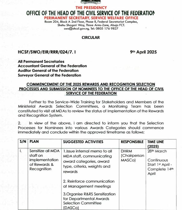COMMENCEMENT OF THE 2025 REWARDS AND RECOGNITION SELECTION PROCESSES AND SUBMISSION OF NOMINEES TO THE OFFICE OF THE HEAD OF CIVIL SERVICE OF THE FEDERATION | 9TH APRIL 2025 | PATIENCE OYEKUNLE