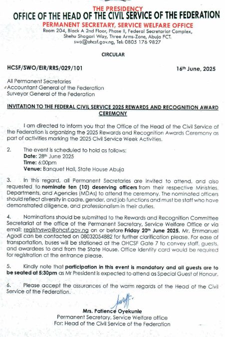 INVITATION TO THE FEDERAL CIVIL SERVICE 2025 REWARDS AND RECOGNITION AWARD CEREMONY | 16TH JUNE 2025 | PATIENCE OYEKUNLE