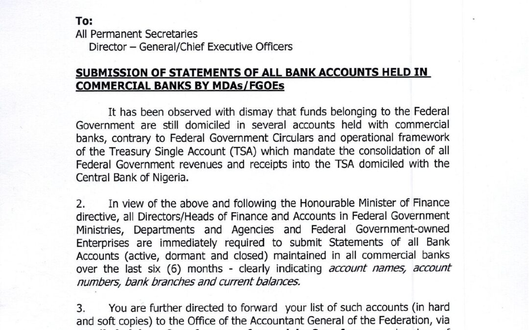 SUBMISSION OF STATEMENTS OF ALL BANK ACCOUNTS HELD IN COMMERCIAL BANKS BY MDAs/FGOEs | SHAMSELDEEN B. OGUNJIMI | 9TH OCTOBER 2025