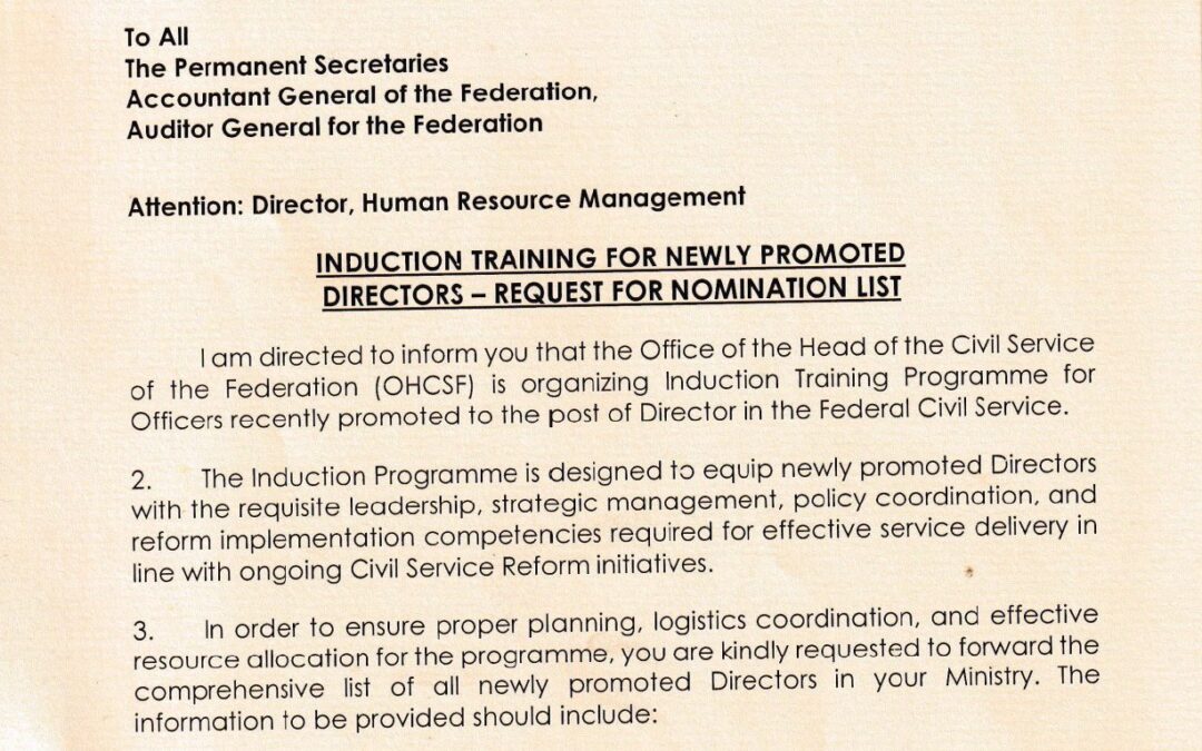 INDUCTION TRAINING FOR NEWLY PROMOTED DIRECTORS- REQUEST FOR NOMINATION LIST | 4TH MARCH, 2026 | DR. BINYEREM C. UKAIRE